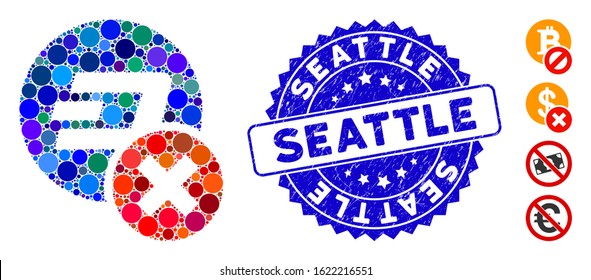 Mosaic wrong Dashcoin icon and distressed stamp seal with Seattle caption. Mosaic vector is created with wrong Dashcoin icon and with scattered spheric spots. Seattle stamp seal uses blue color,