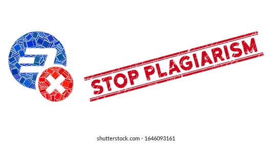 Mosaic wrong Dashcoin pictogram and red Stop Plagiarism stamp between double parallel lines. Flat vector wrong Dashcoin mosaic pictogram of scattered rotated rectangle elements.