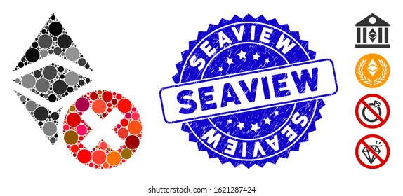 Mosaic wrong Ethereum classic icon and distressed stamp seal with Seaview phrase. Mosaic vector is created with wrong Ethereum classic icon and with randomized spheric elements.