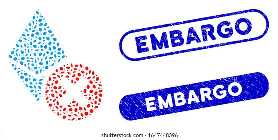 Mosaic wrong Ethereum crystal and rubber stamp seals with Embargo caption. Mosaic vector wrong Ethereum crystal is created with random ellipse items. Embargo stamp seals use blue color,