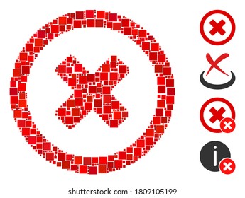 Mosaic Wrong icon united from square items in variable sizes and color hues. Vector square items are united into abstract collage wrong icon. Bonus pictograms are added.