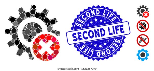Mosaic wrong settings gear icon and distressed stamp watermark with Second Life caption. Mosaic vector is designed with wrong settings gear icon and with randomized circle items.