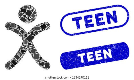 Mosaic x generation boy and distressed stamp seals with Teen caption. Mosaic vector x generation boy is formed with randomized rectangles. Teen stamp seals use blue color,