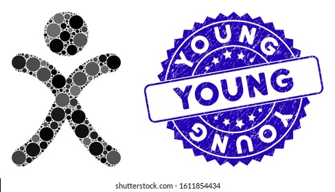 Mosaic x generation boy icon and rubber stamp seal with Young caption. Mosaic vector is created with x generation boy icon and with scattered round spots. Young seal uses blue color,