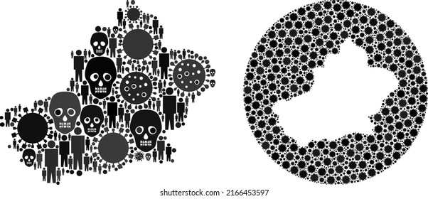 Mosaic Xinjiang Uyghur Region map constructed from covid elements and men and dead head elements. Evil virus Xinjiang Uyghur Region map mosaic created with circle and hole.