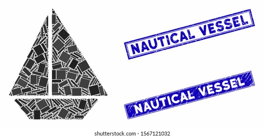Mosaic yacht pictogram and rectangle seal stamps. Flat vector yacht mosaic pictogram of scattered rotated rectangle items. Blue caption stamps with dirty surface.