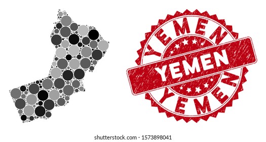 Mosaic Yemen map and circle seal stamp. Flat vector Yemen map mosaic of scattered circle items. Red seal stamp with distress surface. Designed for political and patriotic collages.