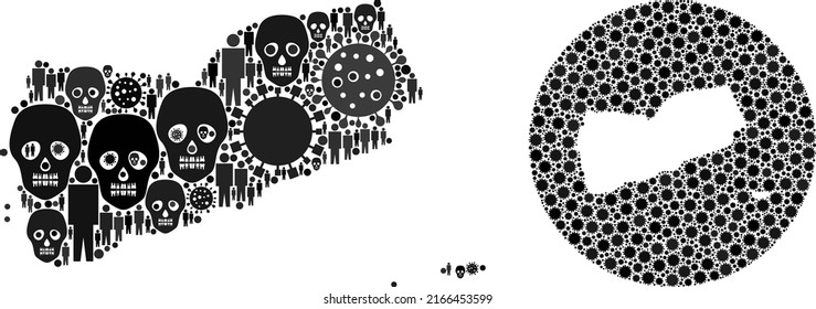 Mosaic Yemen map designed from flu virus elements and population and mortal icons. Flu virus Yemen map mosaic created with circle and carved shape. Collages designed for lockdown posters.