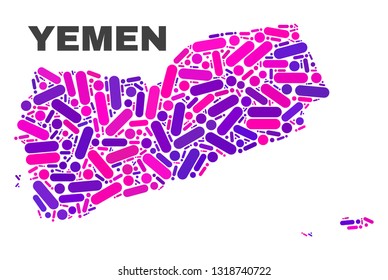 Mosaic Yemen map isolated on a white background. Vector geographic abstraction in pink and violet colors. Mosaic of Yemen map combined of scattered round points and lines.