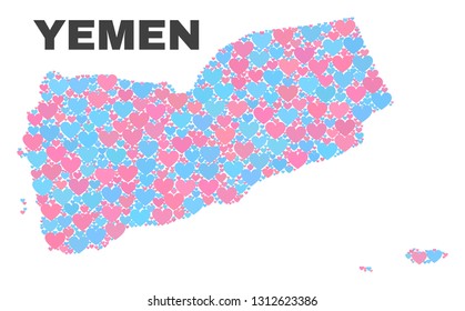 Mosaic Yemen map of love hearts in pink and blue colors isolated on a white background. Lovely heart collage in shape of Yemen map. Abstract design for Valentine decoration.