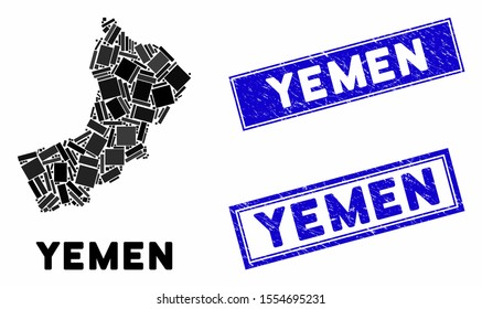 Mosaic Yemen map and rectangular stamps. Flat vector Yemen map mosaic of randomized rotated rectangular items. Blue caption seal stamps with distress textures.