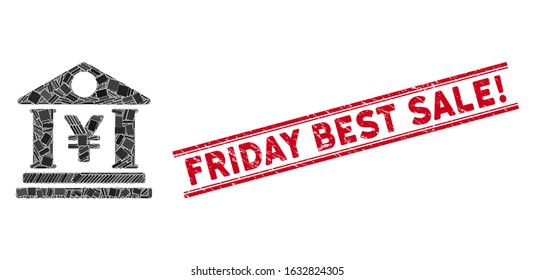 Mosaic yen bank building pictogram and red Friday Best Sale! seal stamp between double parallel lines. Flat vector yen bank building mosaic pictogram of random rotated rectangle elements.