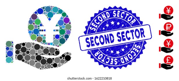 Mosaic yen coin payment hand icon and distressed stamp seal with Second Sector text. Mosaic vector is designed with yen coin payment hand icon and with random circle elements.