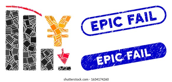 Mosaic yen epic fail chart and rubber stamp watermarks with Epic Fail phrase. Mosaic vector yen epic fail chart is composed with randomized rectangle items. Epic Fail stamp seals use blue color,