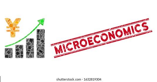 Mosaic yen growth graph icon and red Microeconomics seal stamp between double parallel lines. Flat vector yen growth graph mosaic icon of random rotated rectangle items.