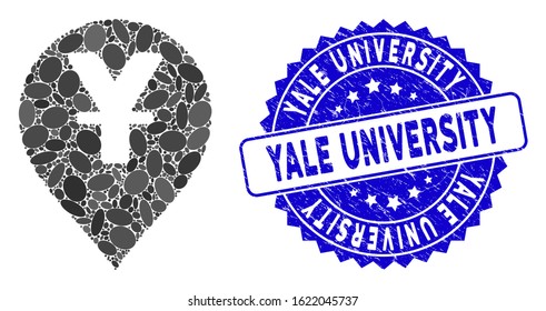 Mosaic yen map marker icon and rubber stamp seal with Yale University caption. Mosaic vector is formed with yen map marker pictogram and with scattered oval elements.