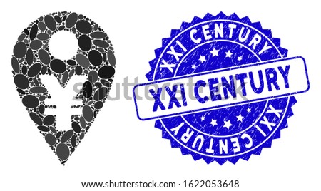 Mosaic yen map marker icon and distressed stamp seal with XXI Century text. Mosaic vector is designed with yen map marker icon and with random oval spots. XXI Century stamp seal uses blue color,