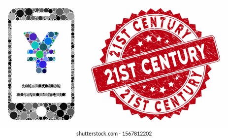 Mosaic yen mobile payment and distressed stamp seal with 21St Century phrase. Mosaic vector is designed with yen mobile payment icon and with randomized round items.