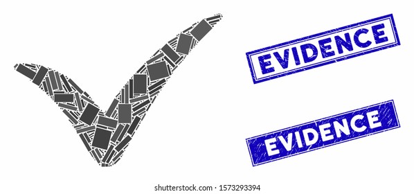Mosaic yes mark pictogram and rectangular Evidence seal stamps. Flat vector yes mark mosaic pictogram of randomized rotated rectangular items. Blue Evidence seal stamps with scratched textures.