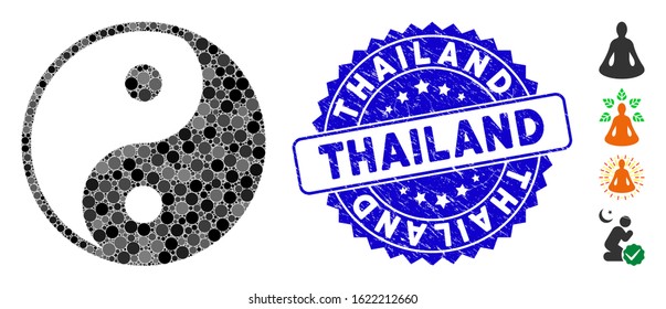 Mosaic yin yang icon and distressed stamp seal with Thailand phrase. Mosaic vector is created with yin yang icon and with scattered round elements. Thailand stamp seal uses blue color,