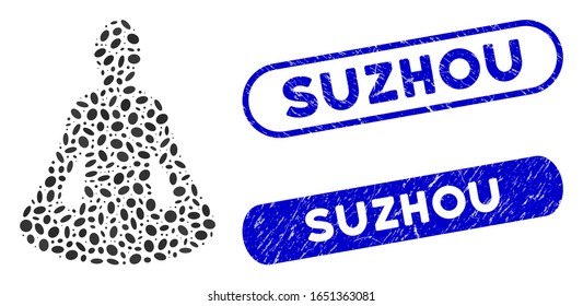 Mosaic yoga and distressed stamp seals with Suzhou caption. Mosaic vector yoga is composed with scattered elliptic items. Suzhou stamp seals use blue color, and have round rectangle shape.