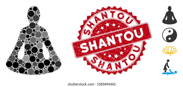 Mosaic yoga icon and grunge stamp watermark with Shantou caption. Mosaic vector is composed with yoga icon and with scattered spheric spots. Shantou stamp uses red color, and distress design.