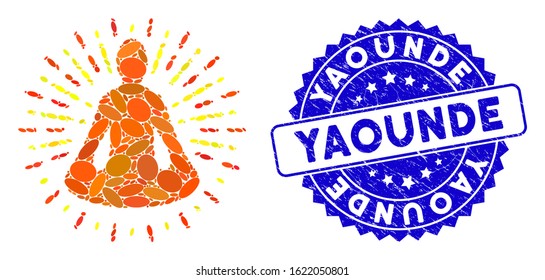Mosaic yoga meditation icon and rubber stamp seal with Yaounde phrase. Mosaic vector is created with yoga meditation icon and with randomized oval items. Yaounde stamp seal uses blue color,