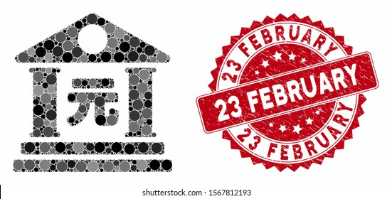 Mosaic yuan bank building and grunge stamp seal with 23 February phrase. Mosaic vector is formed from yuan bank building icon and with scattered circle spots. 23 February stamp seal uses red color,