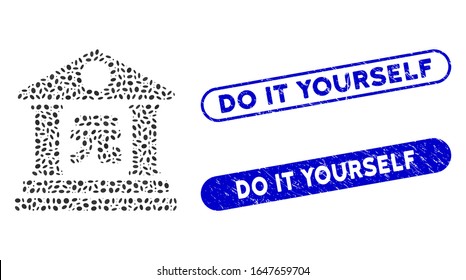 Mosaic yuan bank building and rubber stamp watermarks with Do It Yourself text. Mosaic vector yuan bank building is composed with random oval parts. Do It Yourself stamp seals use blue color,