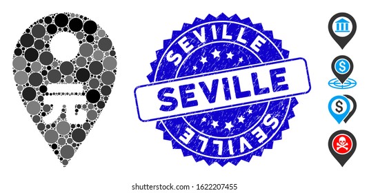 Mosaic yuan map marker icon and rubber stamp seal with Seville text. Mosaic vector is formed from yuan map marker icon and with random circle items. Seville stamp seal uses blue color,