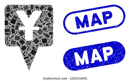Mosaic yuan map pointer and rubber stamp seals with Map text. Mosaic vector yuan map pointer is created with randomized rectangle items. Map seals use blue color, and have round rectangle shape.
