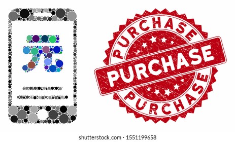 Mosaic yuan mobile payment and corroded stamp seal with Purchase caption. Mosaic vector is designed with yuan mobile payment icon and with scattered circle items. Purchase stamp seal uses red color,