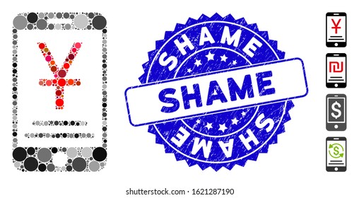 Mosaic yuan mobile payment icon and rubber stamp watermark with Shame phrase. Mosaic vector is designed with yuan mobile payment icon and with randomized spheric elements.