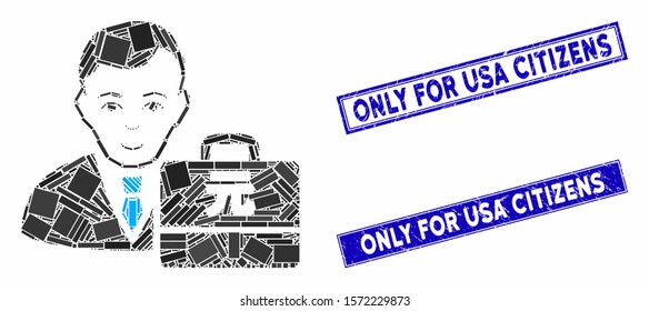 Mosaic Yuan Renminbi accounter icon and rectangle Only for USA Citizens watermarks. Flat vector Yuan Renminbi accounter mosaic icon of random rotated rectangle elements.