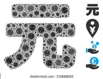 Mosaic Yuan Renminbi designed from flu virus icons in variable sizes and color hues. Vector viral icons are arranged into abstract mosaic Yuan Renminbi icon. Some bonus icons are added.