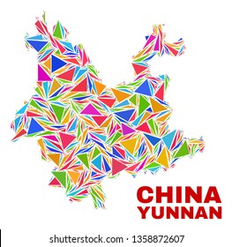 Mosaic Yunnan Province map of triangles in bright colors isolated on a white background. Triangular collage in shape of Yunnan Province map. Abstract design for patriotic decoration.