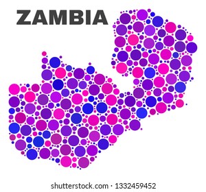 Mosaic Zambia map isolated on a white background. Vector geographic abstraction in pink and violet colors. Mosaic of Zambia map combined of scattered round elements.