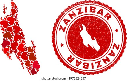 Mosaic Zanzibar Island map composed from red love hearts, and unclean seal stamp. Vector lovely round red rubber seal stamp imprint with Zanzibar Island map inside.