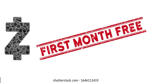 Mosaic Zcash pictogram and red First Month Free stamp between double parallel lines. Flat vector Zcash mosaic pictogram of scattered rotated rectangular items.