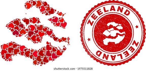 Mosaic Zeeland Province map designed with red love hearts, and rubber seal stamp. Vector lovely round red rubber badge imprint with Zeeland Province map inside.