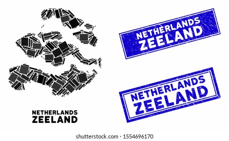 Mosaic Zeeland Province map and rectangle stamps. Flat vector Zeeland Province map mosaic of randomized rotated rectangle items. Blue caption seal stamps with scratched surface.