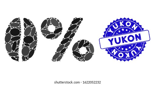 Mosaic zero caffeine icon and rubber stamp seal with Yukon caption. Mosaic vector is created with zero caffeine icon and with random oval spots. Yukon stamp seal uses blue color, and grunge surface.
