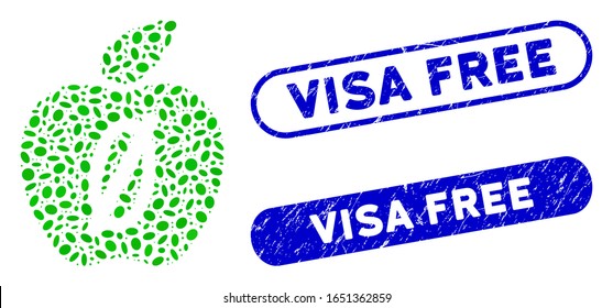 Mosaic zero calories apple and grunge stamp watermarks with Visa Free phrase. Mosaic vector zero calories apple is formed with random ellipse dots. Visa Free stamp seals use blue color,