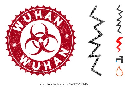 Mosaic zigzag line icon and corroded stamp watermark with Wuhan phrase and biohazard symbol. Mosaic vector is formed with zigzag line pictogram and with scattered spheric items.