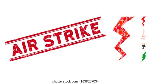 Mosaic zigzag strike icon and red Air Strike seal stamp between double parallel lines. Flat vector zigzag strike mosaic pictogram of random rotated rectangle elements.