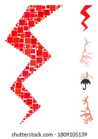 Mosaik Zigzag Streik Symbol vereint aus quadratischen Elementen in verschiedenen Größen und Farbtönen. Vektorquadratische Elemente sind in abstraktes Mosaik-Zickzacksymbol zusammengesetzt. Bonussymbole werden hinzugefügt.