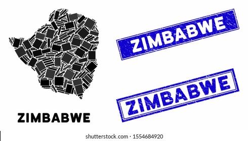 Mosaic Zimbabwe map and rectangle seals. Flat vector Zimbabwe map mosaic of scattered rotated rectangular elements. Blue caption seals with distress textures.