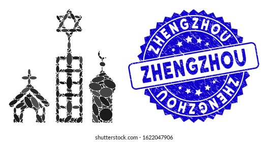 Mosaic Zion city icon and grunge stamp seal with Zhengzhou text. Mosaic vector is composed with Zion city icon and with scattered elliptic spots. Zhengzhou stamp uses blue color, and rubber texture.