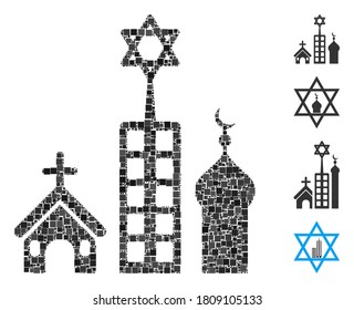 Mosaic Zion city icon organized from square elements in various sizes and color hues. Vector square elements are organized into abstract illustration Zion city icon. Bonus pictograms are placed.