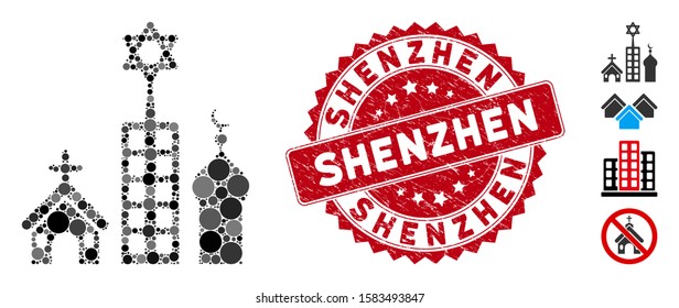 Mosaic Zion city icon and rubber stamp seal with Shenzhen text. Mosaic vector is created with Zion city icon and with random round spots. Shenzhen stamp seal uses red color, and grunge texture.